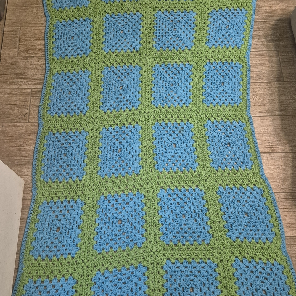 Granny Square Handmade Crochet Blanket L 66in X W 46in Green And Blue